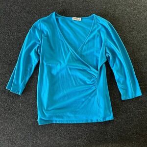 Kettlewell Turquoise Blue Faux Wrap V-Neck 3/4 Sleeve Top Large Cotton Modal